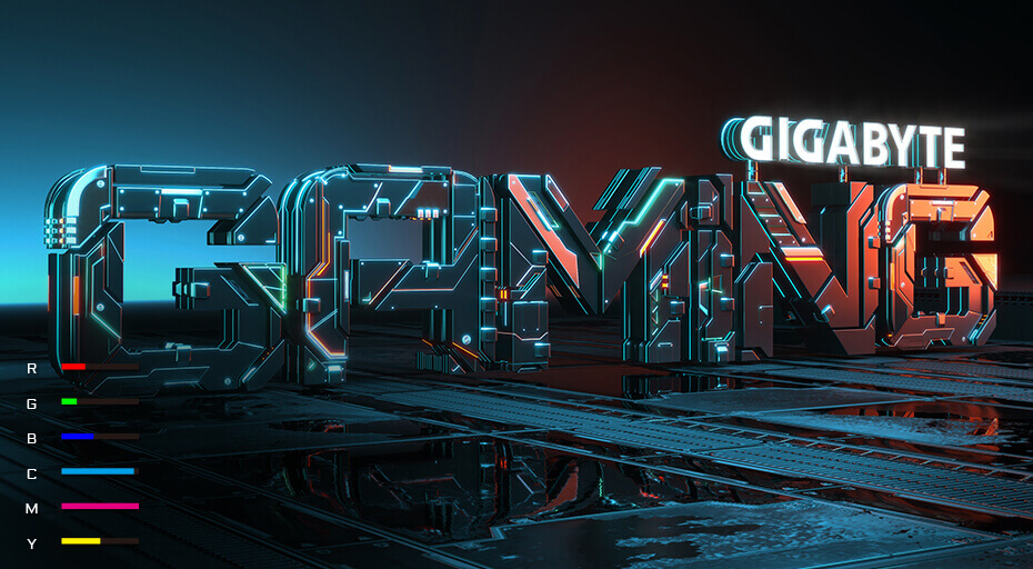 RGBCMY color bars are on diplay against a background of Gigabyte Gaming icon